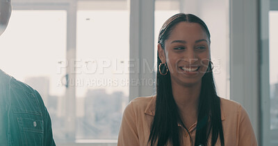Buy stock photo Happy woman, creative or laughing in office for funny joke, humor or comedy in workplace. Female person, business or employee with smile, positive attitude or expression for silly idea or team social