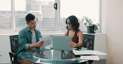 Buy stock photo Creative, people and document with laptop in office for startup, expense report and budget review. Employees, paperwork and PC for team, financial planning and reading proposal for investment venture