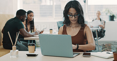 Buy stock photo Laptop, wristwatch and check with business woman in office for schedule, social media marketing or time. Public relations agent, campaign engagement report and deadline with person in creative agency