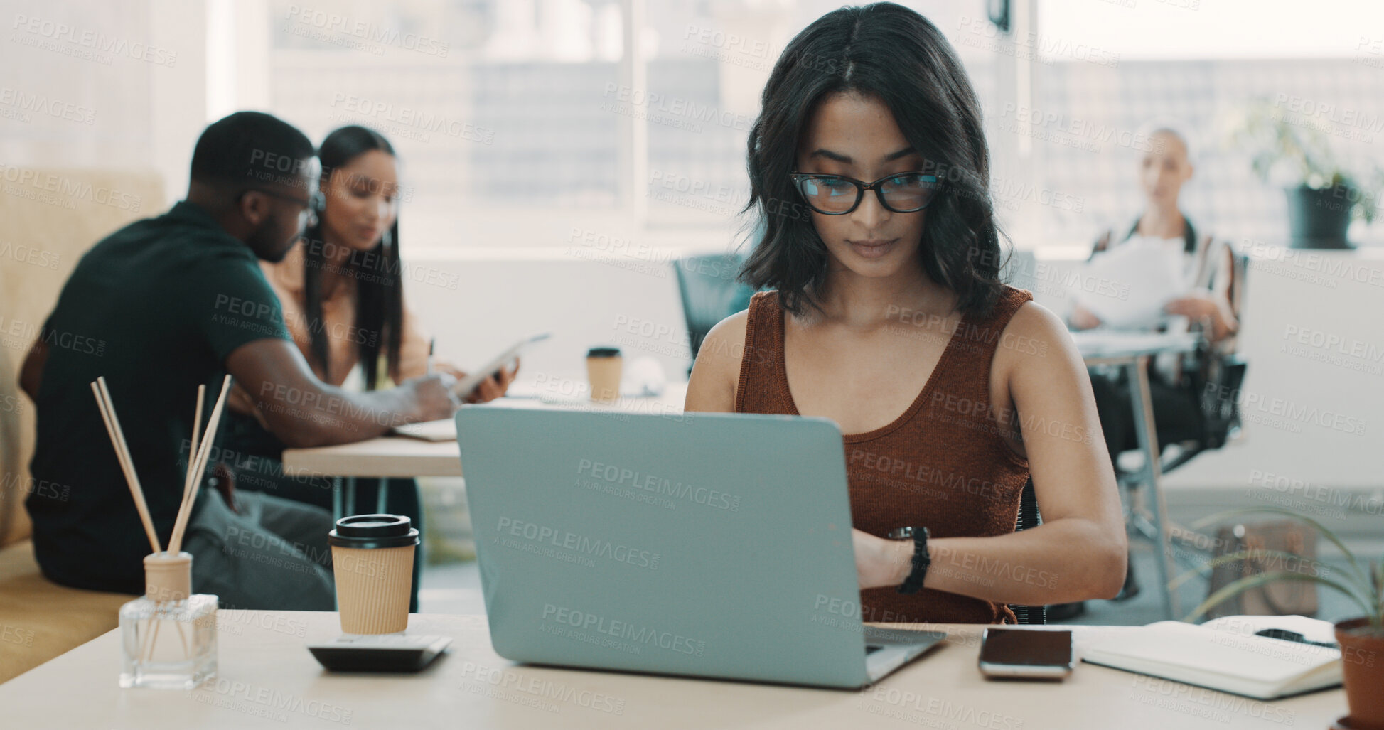 Buy stock photo Laptop, wristwatch and check with business woman in office for schedule, social media marketing or time. Public relations agent, campaign engagement report and deadline with person in creative agency