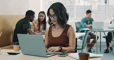 Buy stock photo Creative, woman and typing with laptop in office for research, finance report and review budget. Female person, pc and coworking for financial planning, bookkeeping information and company investment
