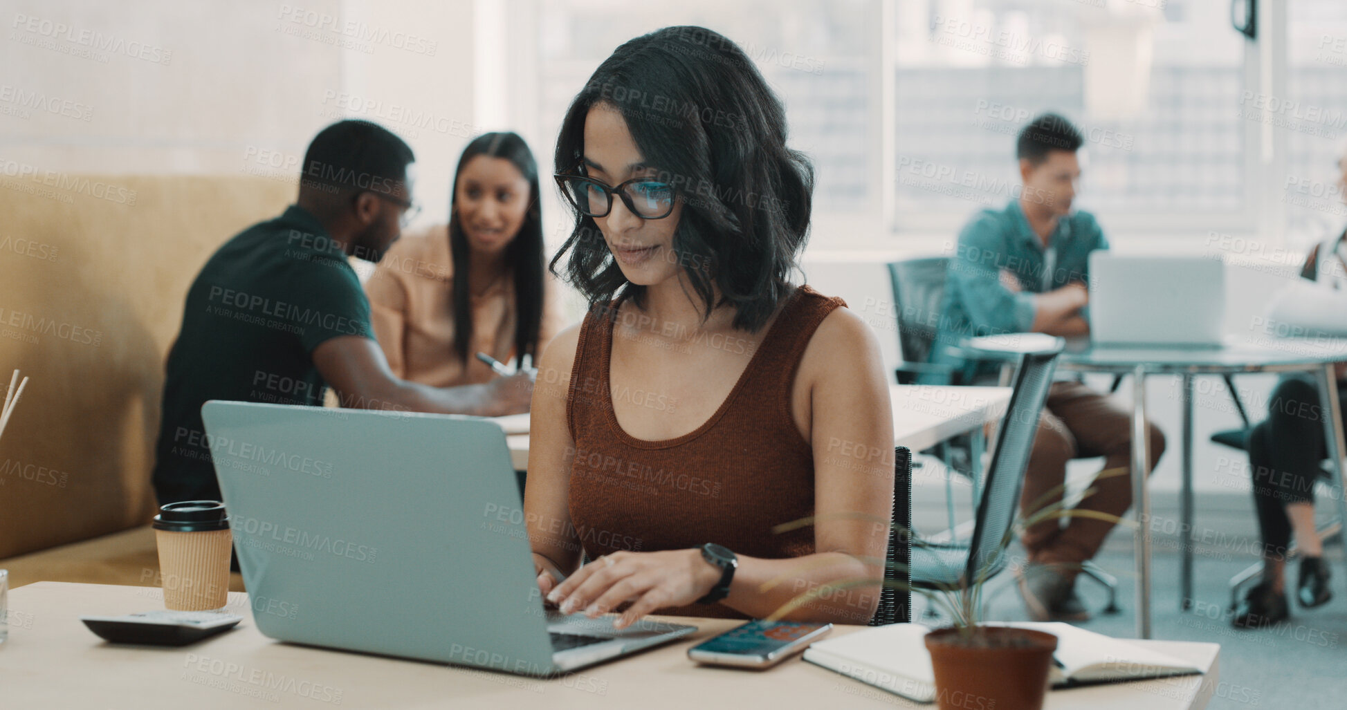 Buy stock photo Creative, woman and typing with laptop in office for research, finance report and review budget. Female person, pc and coworking for financial planning, bookkeeping information and company investment
