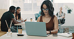 Business, woman and typing on laptop in office for research, finance report and review budget. Female person, pc and coworking for financial planning, bookkeeping information and startup investment
