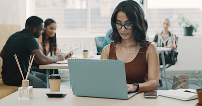 Buy stock photo Business, woman and typing on laptop in office for research, finance report and review budget. Female person, pc and coworking for financial planning, bookkeeping information and startup investment