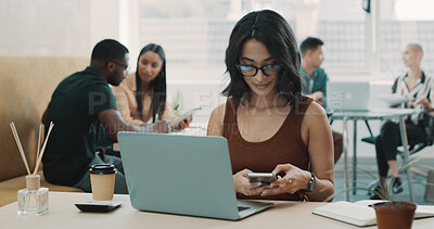 Buy stock photo Phone, research and reading with business woman in office for social media, branding manager and contact. Campaign marketing, network and text message with person and laptop for chat and app