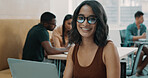 Portrait, glasses and woman with laptop, office and confident for graphic design, smile or creative. Employee, UX designer and person with eyewear for project, brand identity and pride in business
