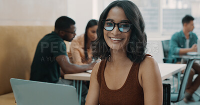 Buy stock photo Portrait, glasses and woman with laptop, office and confident for graphic design, smile or creative. Employee, UX designer and person with eyewear for project, brand identity and pride in business