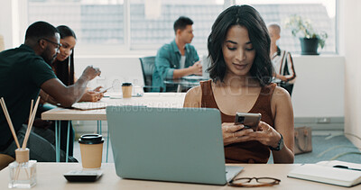 Buy stock photo Laptop, phone and businesswoman in office with networking, communication or connectivity. Happy, technology and female editor with cellphone for contact or texting on mobile app on break in workplace