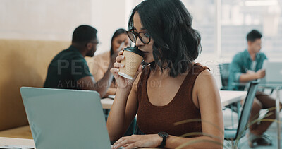 Buy stock photo Woman, laptop and coffee in office with reading, journalism or editing article for agency. Email, feedback or review of research for person and drink with online publication in coworking workspace