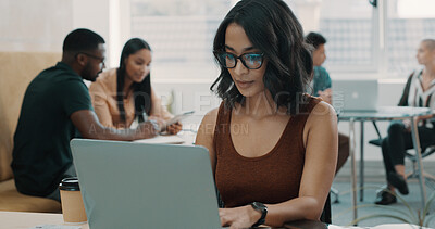 Buy stock photo Woman, laptop and remote work in cafe with reading, journalism or article research for writing project. Email, feedback or review of information with freelancer for online publication in cafeteria