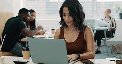 Buy stock photo Woman, laptop and remote work in cafe with research, journalism or proofreading article for agency. Email, feedback or review of information with female freelancer for online publication in cafeteria