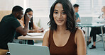 Portrait, smile and woman with laptop, office or confident for graphic design, employee or creative. Happy, UX designer and person with tech for brand identity, pride and project on web in business