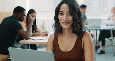 Buy stock photo Portrait, smile and woman with laptop, office or confident for graphic design, employee or creative. Happy, UX designer and person with tech for brand identity, pride and project on web in business