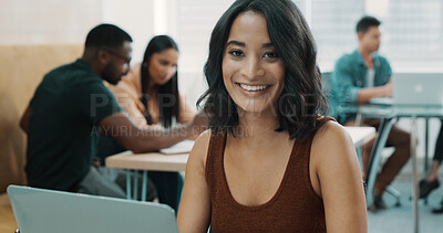 Buy stock photo Portrait, creative and woman with laptop, business and pride for graphic design, smile and employee. Happy, UX designer and person with tech for brand identity, confident and project on web in office