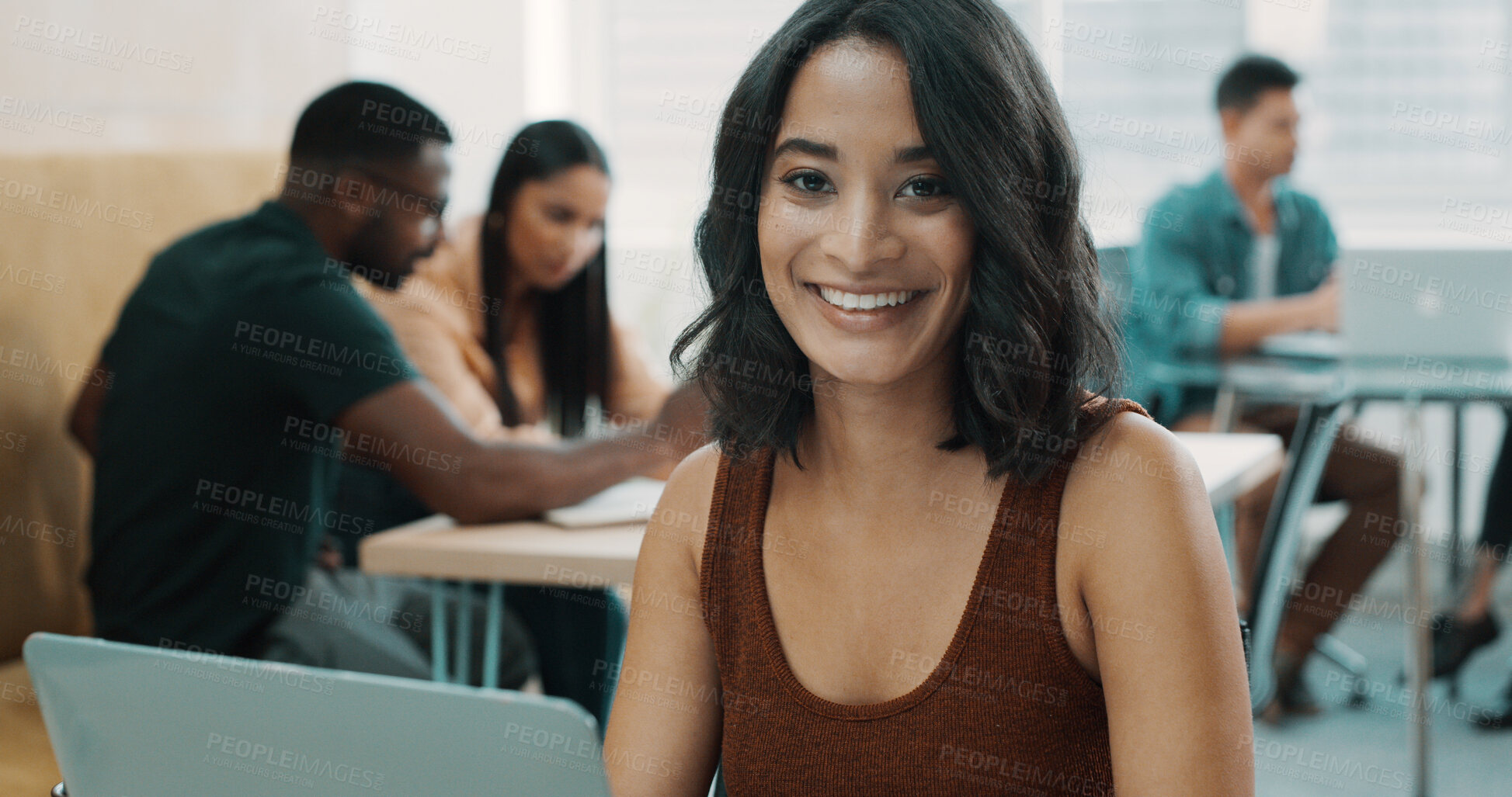 Buy stock photo Portrait, creative and woman with laptop, business and pride for graphic design, smile and employee. Happy, UX designer and person with tech for brand identity, confident and project on web in office