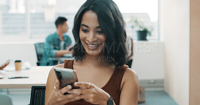 Buy stock photo Happy, phone and businesswoman in office with networking, communication or connectivity. Smile, technology and female editor with cellphone for contact or texting on mobile app on break in workplace