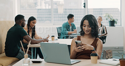Buy stock photo Cellphone, laptop and businesswoman in office with coffee for networking, contact or communication. Coworking, computer and female creative editor with phone for research on mobile app in workplace.