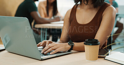 Buy stock photo Hands, business and woman with laptop in office for research, finance report and review budget. Person, typing and PC for financial planning, bookkeeping information and coworking for startup funding