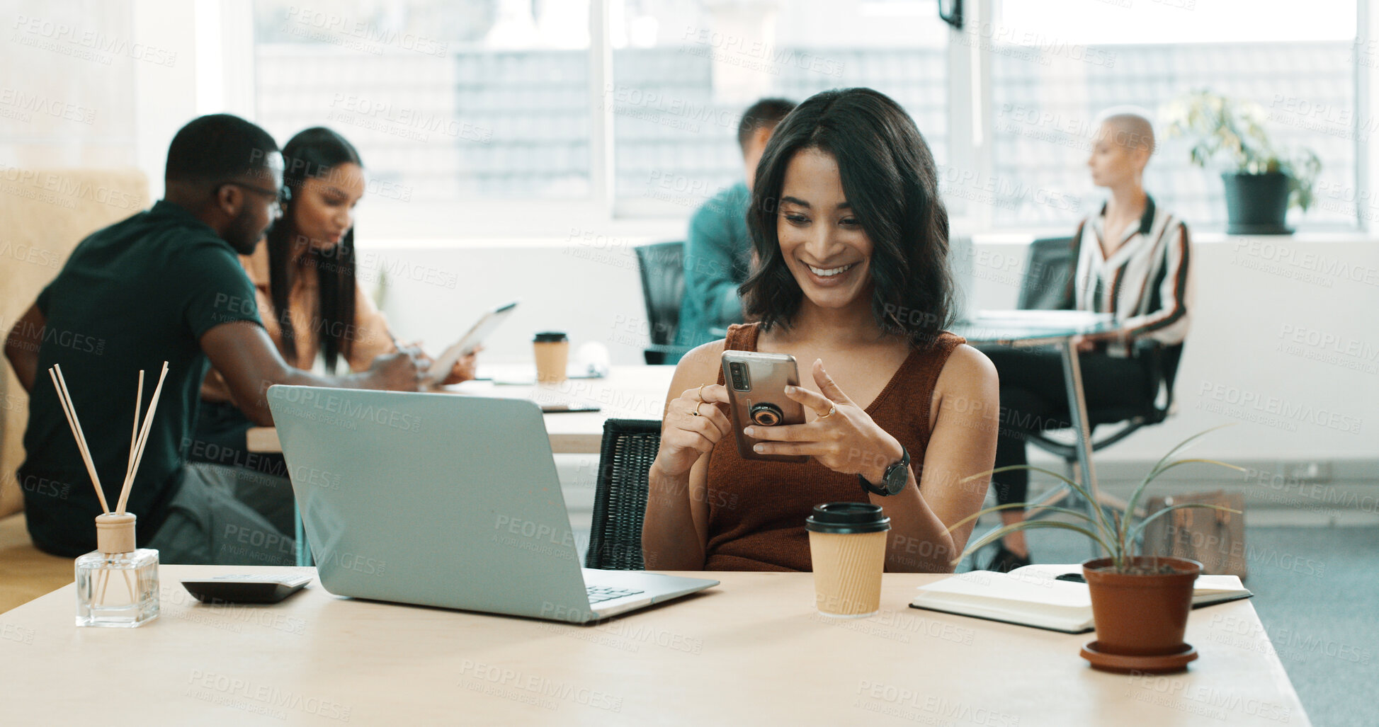 Buy stock photo Smartphone, laptop and businesswoman in office with coffee for networking, contact or communication. Coworking, computer and female creative editor with phone for research on mobile app in workplace.