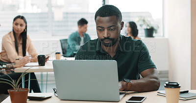 Buy stock photo Business, man and research on laptop in office for email, writing article and editing draft. Journalist, coworking and pc for proofreading, report news and headline information on publication agenda