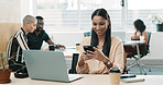 Happy, business woman and laptop with phone in office for social media, online chatting or app. Female person, employee or schedule planning with smile on mobile smartphone for texting in workplace