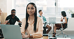 Business woman, portrait and laptop in office for web design, coworking and creative agency. Female employee, designer and confidence with technology for website development and pride in workplace