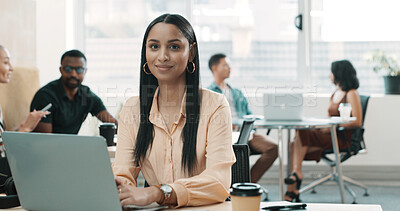 Buy stock photo Business woman, portrait and laptop in office for web design, coworking and creative agency. Female employee, designer and confidence with technology for website development and pride in workplace