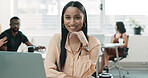 Business woman, portrait and smile in workplace with laptop for web design and about us in coworking space. Female employee, confidence and tech for website development, growth and pride at office