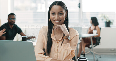 Buy stock photo Business woman, portrait and smile in workplace with laptop for web design and about us in coworking space. Female employee, confidence and tech for website development, growth and pride at office