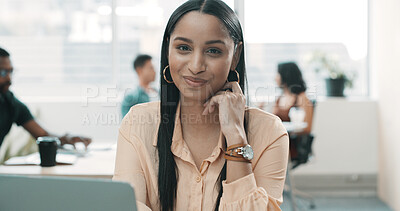 Buy stock photo Business woman, portrait and smile in office with laptop for web design and about us in coworking space. Female employee, confidence and tech for website development, growth and pride in workplace