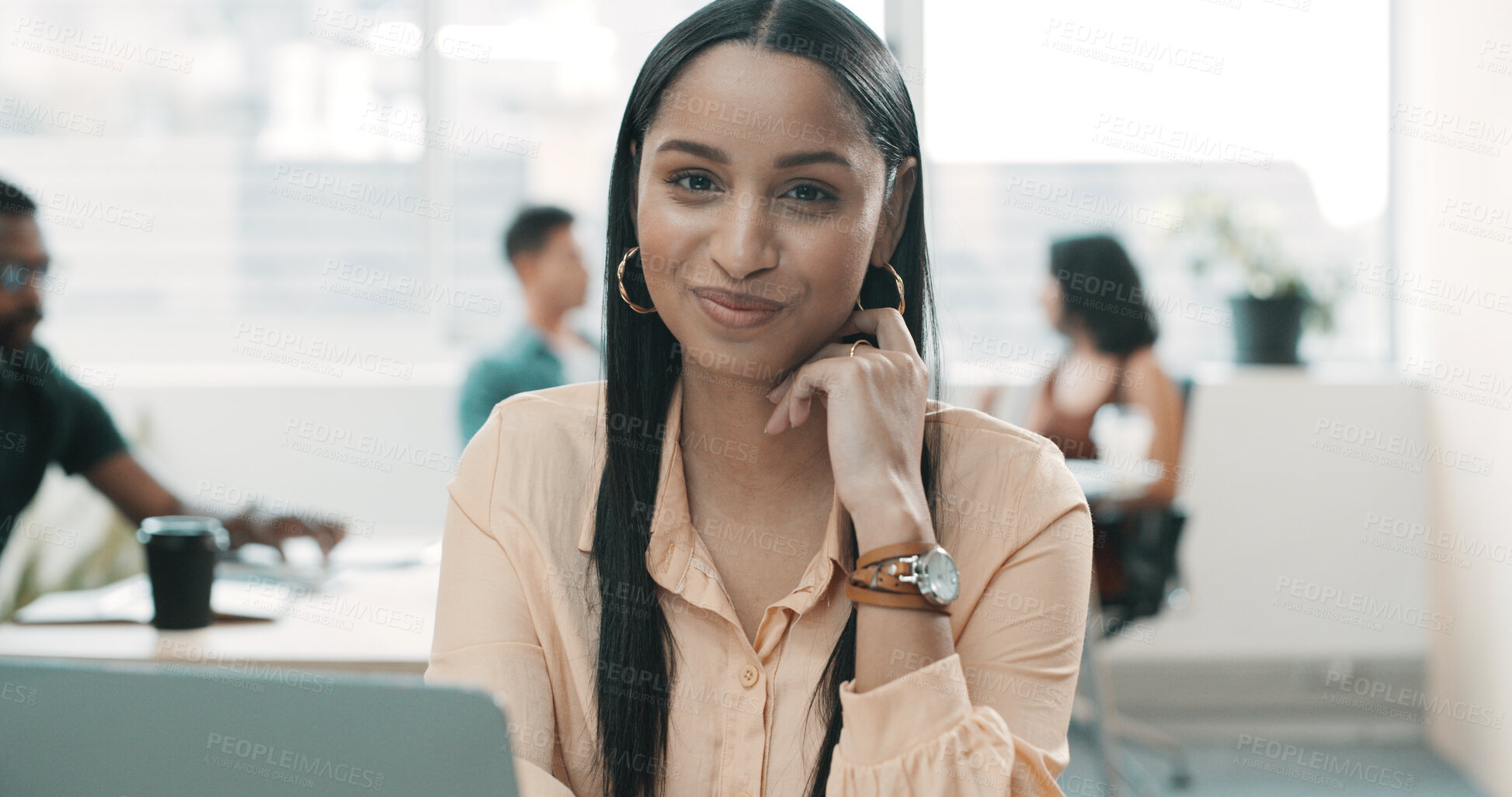 Buy stock photo Business woman, portrait and smile in office with laptop for web design and about us in coworking space. Female employee, confidence and tech for website development, growth and pride in workplace
