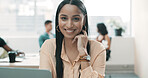 Business woman, portrait and happy in workplace with laptop for web design and about us in coworking space. Female employee, confidence and tech for website development, growth and pride in office