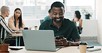 Happy, employee and man with smartphone, office or web designer with tech for communication or chat. Mobile, message and networking with contact for project, smile and person with laptop for design