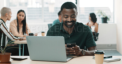 Buy stock photo Happy, employee and man with smartphone, office or web designer with tech for communication or chat. Mobile, message and networking with contact for project, smile and person with laptop for design