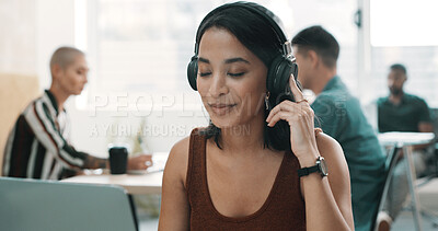 Buy stock photo Laptop, headphones and relax with business woman in office for stress relief program, zen podcast and radio. White noise, streaming and online subscription with person in agency for listening