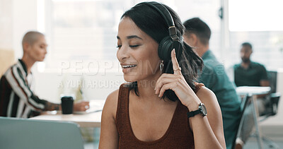 Buy stock photo Headphones, happy and businesswoman in office with music, radio or album with creative project. Smile, audio tech and female editor streaming playlist with working on article publishing in workplace.