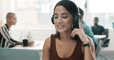 Buy stock photo Headphones, laptop and relax with business woman in office streaming service, stress relief audio and white noise. Zen podcast, calm radio and subscription program with person listing in startup 
