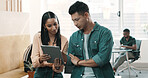 Creative, manager and woman with tablet, office or feedback for article draft, online or discussion. Teamwork, man and helping intern with project, journalist and reading story on website in newsroom