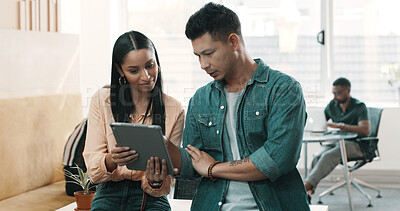 Buy stock photo Creative, manager and woman with tablet, office or feedback for article draft, online or discussion. Teamwork, man and helping intern with project, journalist and reading story on website in newsroom