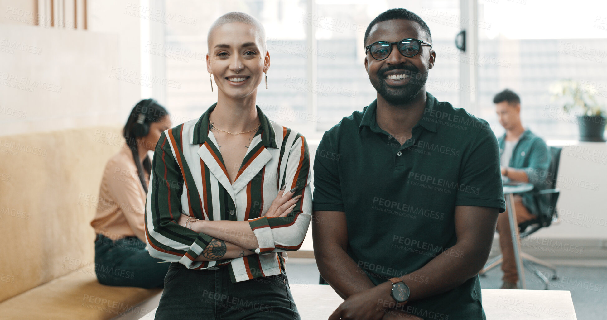 Buy stock photo Woman, man and smile in portrait at startup with arms crossed, team and pride for career at company. People, partner and happy at coworking office, collaboration and confidence at creative agency