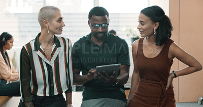 Buy stock photo Creative, people and tablet at office with discussion for social media marketing, ad campaign or collaboration. Employees, planning and team checking online engagement for brand awareness in meeting