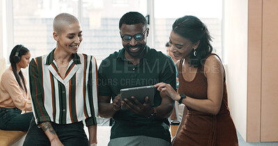 Buy stock photo Creative, team and people with tablet at office for social media marketing, ad campaign and planning. Happy employees, collaboration and check online engagement for brand awareness in meeting