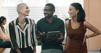 Tablet, discussion and business people in office with research for creative project in collaboration, Laughing, teamwork and group of editors with digital technology for article publishing together.