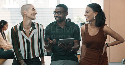 Buy stock photo Tablet, discussion and business people in office with research for creative project in collaboration, Laughing, teamwork and group of editors with digital technology for article publishing together.