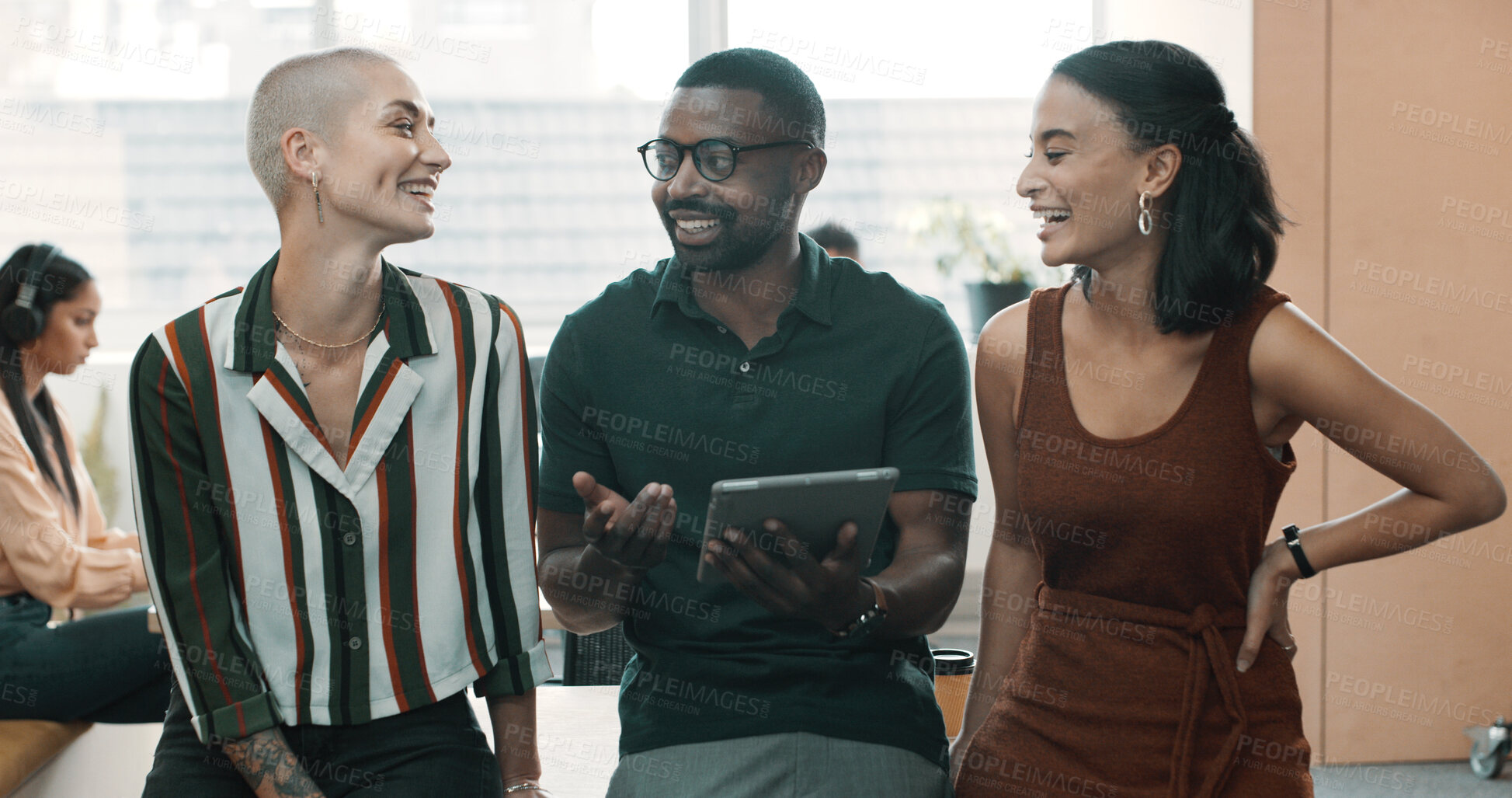 Buy stock photo Tablet, discussion and business people in office with research for creative project in collaboration, Laughing, teamwork and group of editors with digital technology for article publishing together.
