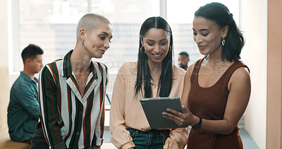 Buy stock photo Team, creative and women with tablet at office for social media marketing, ad campaign or planning. Employees, discussion and collaboration with online engagement for brand awareness in meeting