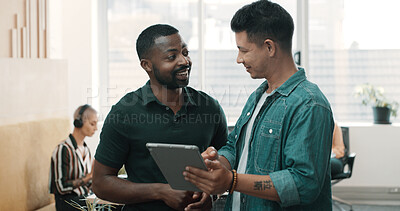 Buy stock photo Talking, men and manager with tablet, office and feedback for article draft, creative or discussion. Online, teamwork and helping intern with project, journalist and planning for publication of story