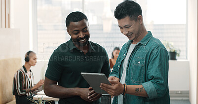 Buy stock photo Creative, people and reading on tablet in office for research, editor feedback and article headline. Men, team and coworking with digital for proofreading story, source comparison and publication