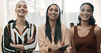 About us, smile and portrait of business women with tablet for team, diversity and collaboration. Partnership, digital report and professional with group of people in creative agency for support