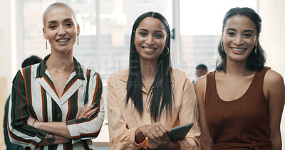 Buy stock photo Team, happy and portrait of business women with tablet for about us, diversity and collaboration. Partnership, digital report and professional with group of people in creative agency for support